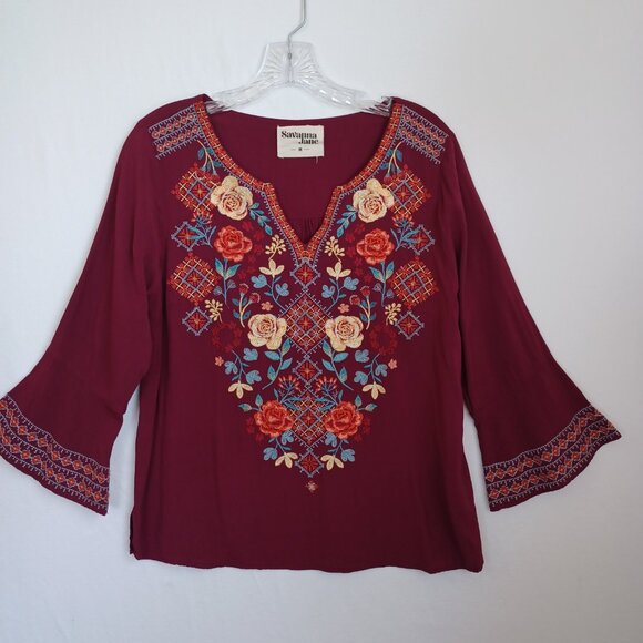 Savanna Jane Top Embroidered V Neck Boho Popover Long Sleeves Womens Medium - Picture 6 of 11